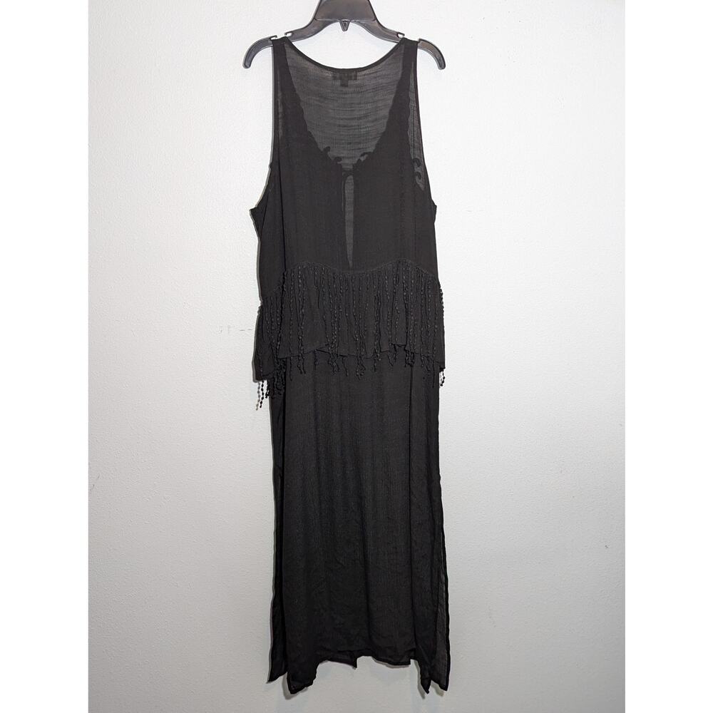 UMGEE Black Gauze Duster Swim Topper Crochet Lace Fringe Sleeveless Tie Front L - Picture 6 of 7